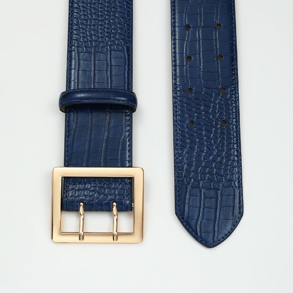 Women Leather Wide Fashion Thick Dress Belt With Gold Buckle Belt Navy Gold - Picture 3 of 6